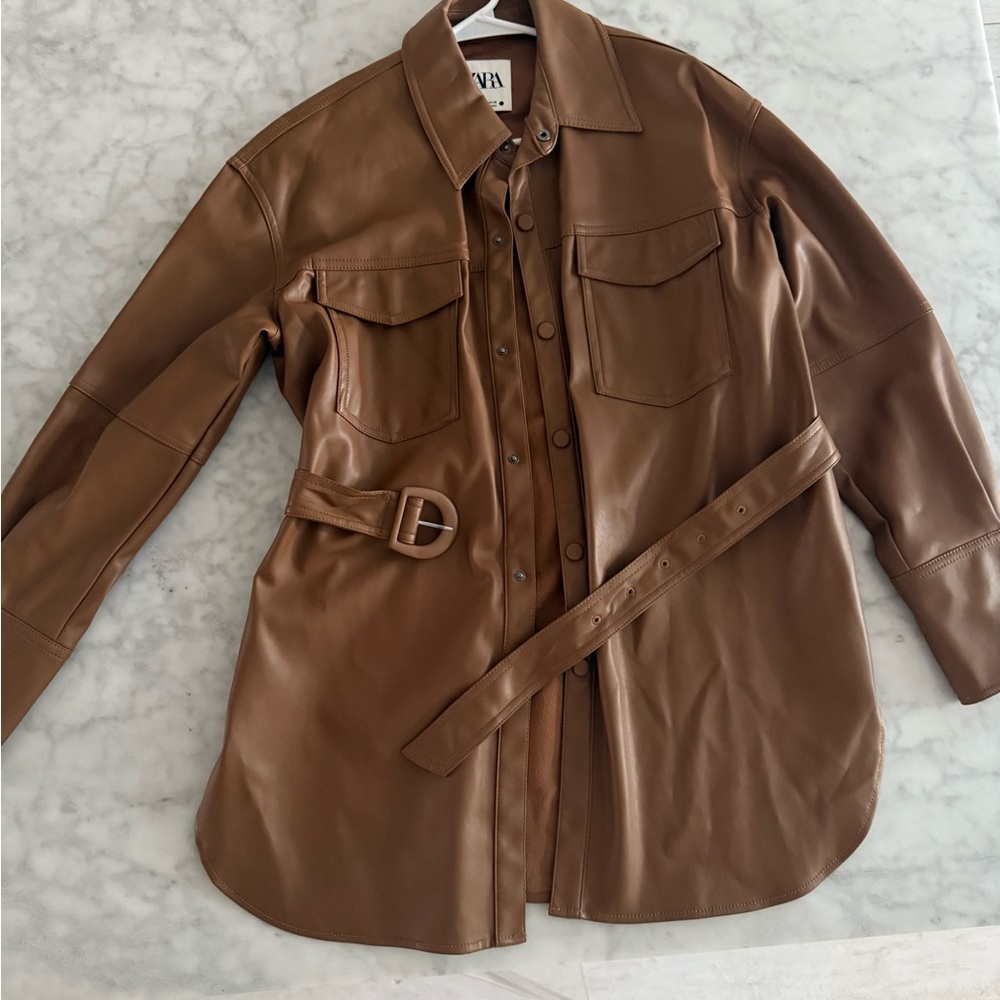 Zara Brown Leather Belted Shirt Jacket